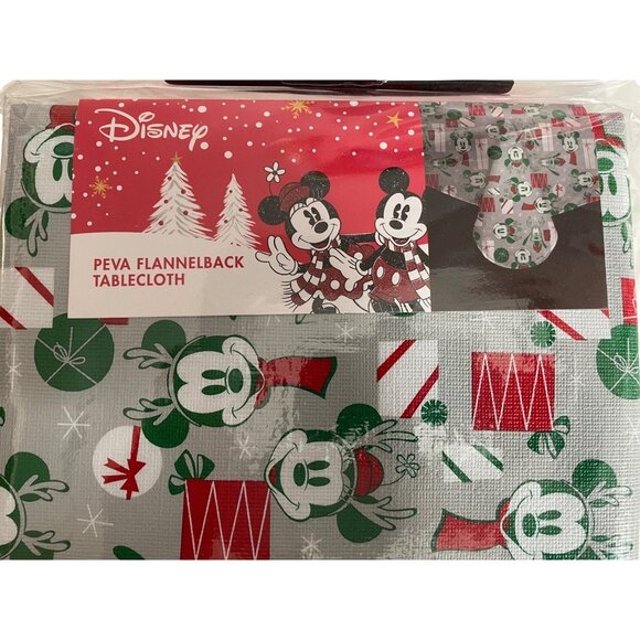 Disney Peva Flannelback Tablecloth With Mickey & Minnie Holiday Design 60" X 84" - Picture 2 of 4